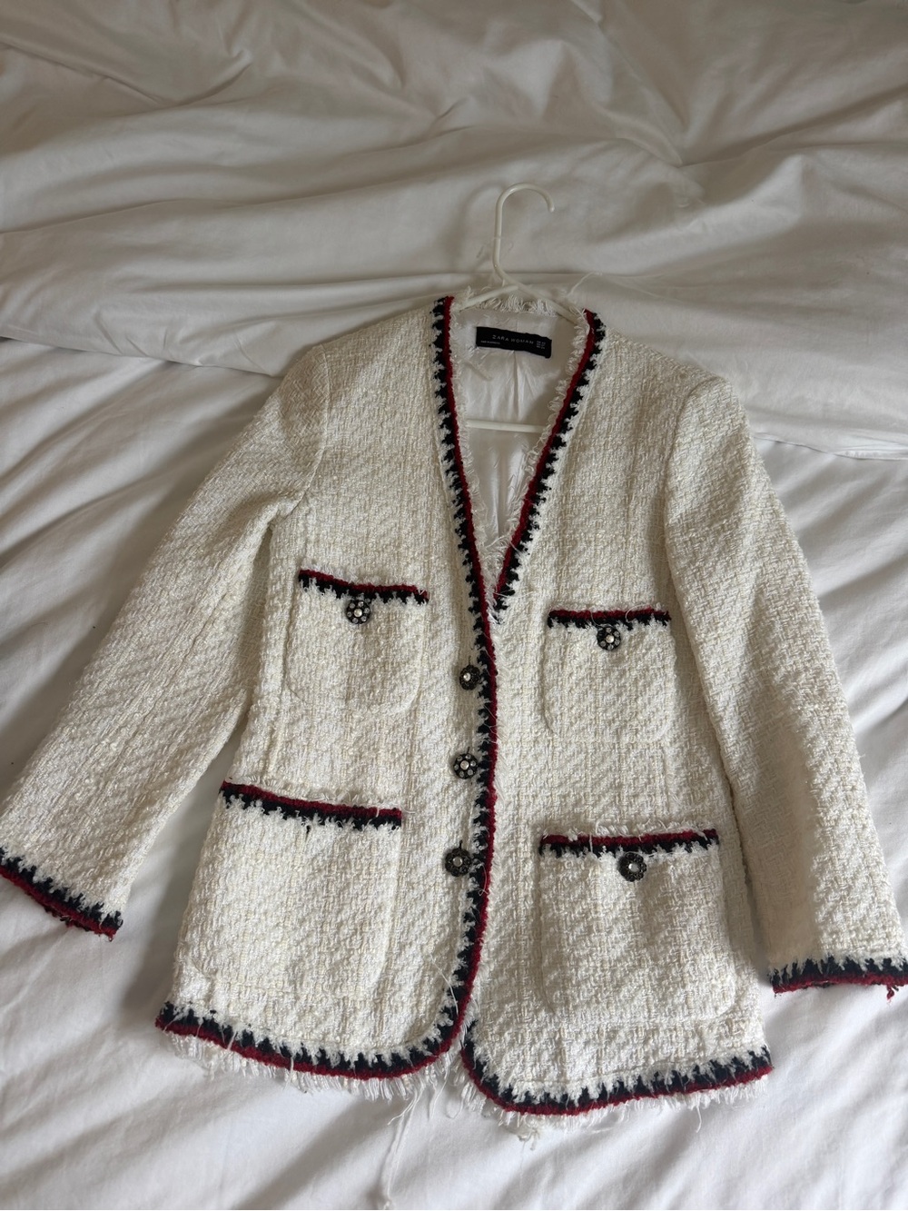 Zara Cream Tweed Jacket with Red and Black Trim